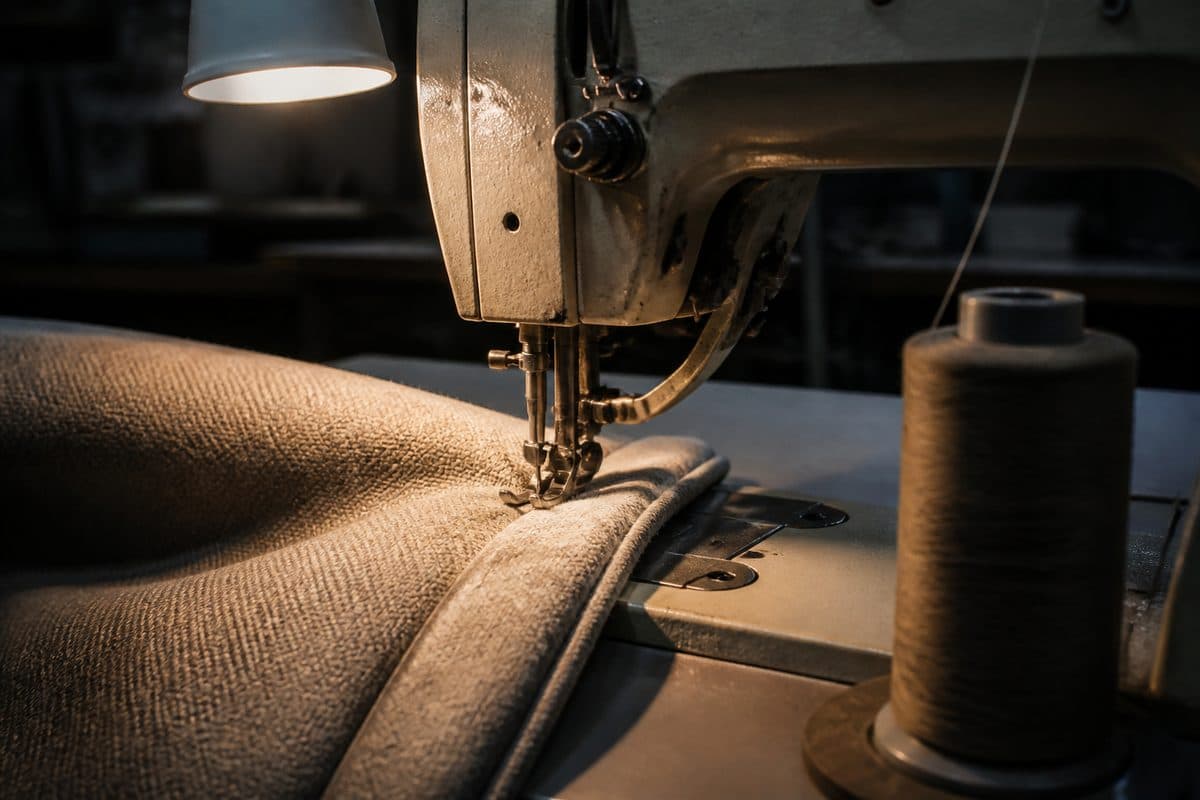 Šivenje šava na tkanini za tapaciranje na industrijskoj mašini